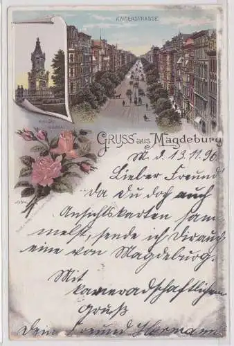 900492 Lithografie AK Gruss aus Magdeburg - Kaiserstrasse, Kriegerdenkmal 1896