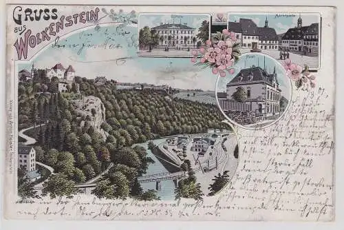 25419 AK Gruss aus Wolkenstein - Marktplatz, Schule, Post, Gesamtansicht 1901