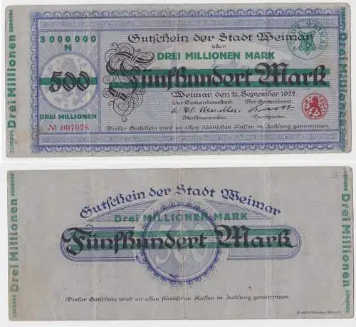3 Millionen Mark Banknote Stadt Weimar Überdruck auf 500 Mark 21.9.1922 (158139)