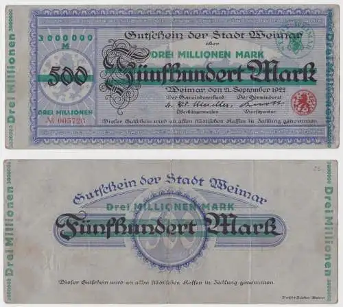 3 Millionen Mark Banknote Stadt Weimar Überdruck auf 500 Mark 21.9.1922 (158110)
