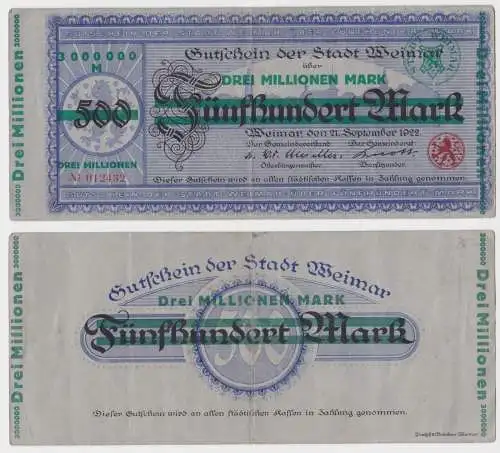 3 Millionen Mark Banknote Stadt Weimar Überdruck auf 500 Mark 21.9.1922 (158293)