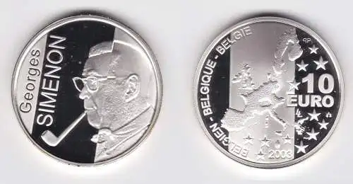 Belgien 10 Euro PP Münze Georges Simenon Silber Gedenkmünze 2003 (158303)