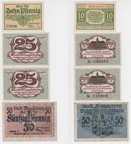 10, 2 x 25 und 50 Pfennig Banknoten Notgeld Magdeburg 1918-1920 (156520)