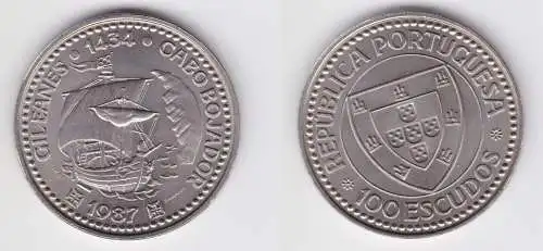 100 Escudos Münze Portugal Segelschiff "Gileanes"1434 Carbo Bojador 1987(156484)