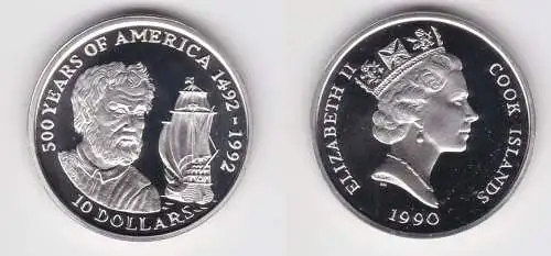 10 Dollar Silbermünze Cook Inseln 1990 500 Jahre Amerika Schiff Kolumbus(156894)