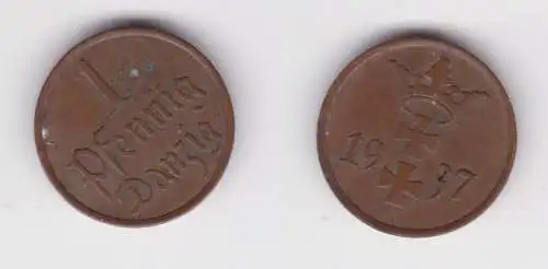 1 Pfennig Kupfer Münze Danzig 1937 Jäger D 2 ss+ (156524)