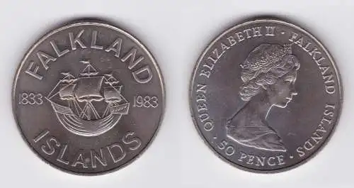 50 Pence Cu-Ni Münze Falkland Islands 1983 Dreimastbark H.M.S. Desire (156912)