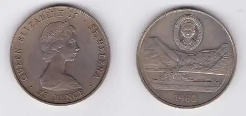 25 Pence Kupfer Nickel Münze St.Helena Kriegsschiff vor Insel 1980 (157063)