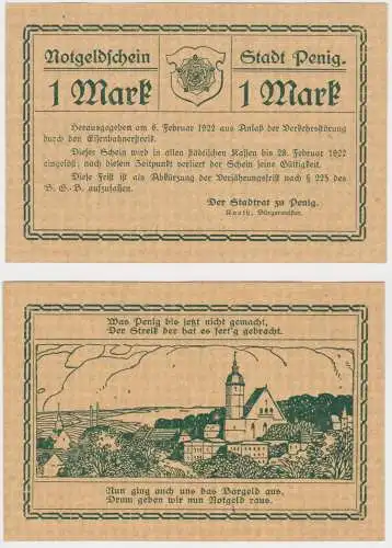 Seltene Banknote Notgeld 1 Mark Stadt Penig 6.2.1922 (134238)