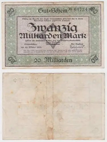 20 Milliarden Banknote Inflation Stadt Crimmitschau 25.10.1923 (130735)