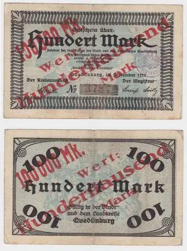 Banknote Inflation Kreisausschuß Quedlinburg 100000 Mark 1923 (132245)