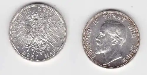 3 Mark Silbermünze Leopold IV Fürst zur Lippe 1913 J. 79 f.Stgl. (114409)