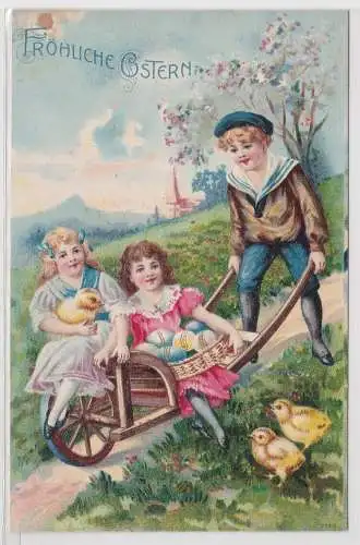 61790 Präge AK Fröhliche Ostern Junge mit Mädchen Eier Kücken in Schubkarre 1907