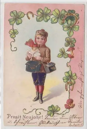04143 Präge AK Prosit Neujahr! Junge als Postbote mit Briefen 1904