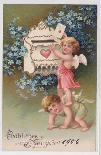69681 Präge AK Fröhliches Neujahr! 2 Engel am Briefkasten Vergißmeinnicht 1905