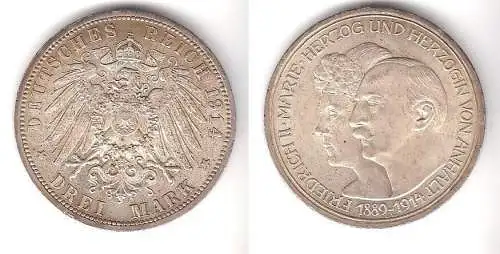 3 Mark Silbermünze Anhalt Silberhochzeit 1914 Jäger 24  (111464)