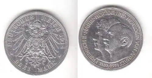 3 Mark Silbermünze Anhalt Silberhochzeit 1914 Jäger 24  (111499)