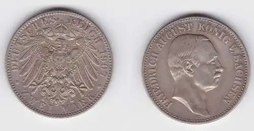 2 Mark Silbermünze Sachsen König Friedrich August 1907 Jäger 134 ss+ (150028)