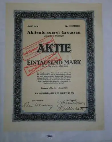 1000 Mark Aktie Aktienbrauerei Greussen in Thüringen 14. Januar 1922 (129243)