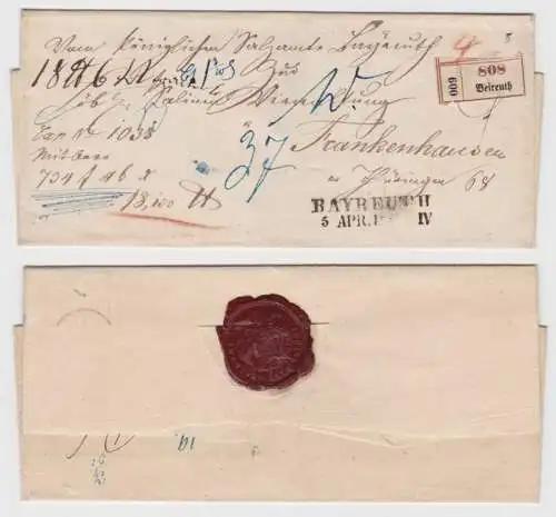 80019 seltener Siegelbrief Vorphilatelie von Bayreuth nach Frankenhausen um 1850