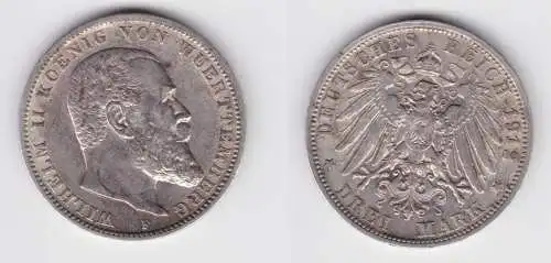 3 Mark Silber Münze Wilhelm II König von Württemberg 1912 f.vz (122834)