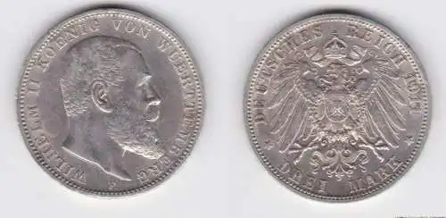 3 Mark Silber Münze Wilhelm II König von Württemberg 1911 vz (122909)