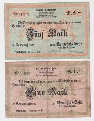 1 & 5 Mark Banknoten Notgeld Hattingen Henschel & Sohn Januar 1917 (133648)