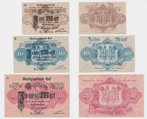 5,10 & 20 Mark Banknoten Notgeld Stadtgemeinde Hof 09.11.1918 (131024)