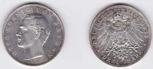 3 Mark Silbermünze Bayern König Otto 1912 Jäger 47  (122723)