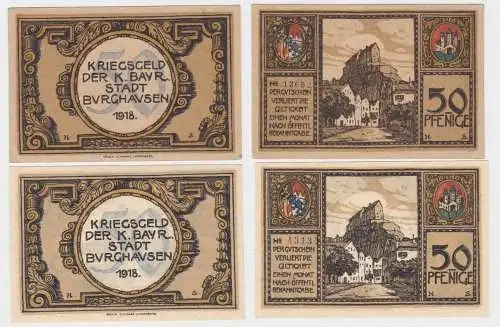 2x 50 Pfennig Banknote Kriegsgeld Stadt Burghausen 1918 (123275)