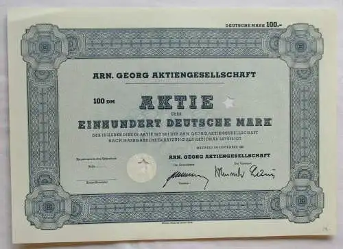 100 Mark Aktie Arn. Georg Aktiengesellschaft Neuwied September 1962 (144185)