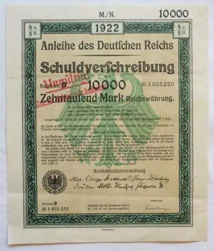 1000 Mark Aktie Schuldverschreibung deutsches Reich Berlin 01.08.1922 (144399)
