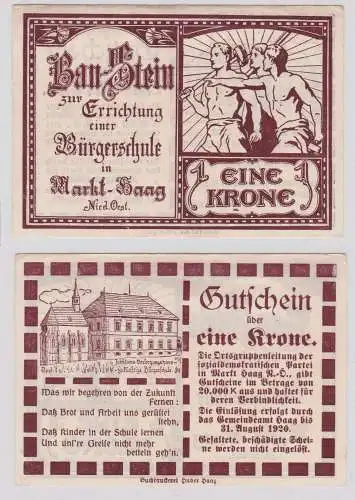 1 Krone Banknote Baustein Errichtung der Bürgerschule Markt Haag 1920 (126588)