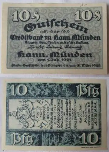 10 Pfennig Banknoten Notgeld Hann.Münden Creditbank e.GmbH 1921 (102293)