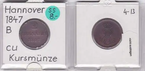 2 Pfennig Kupfer Münze Hannover 1847 B (121114)