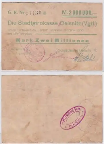 2 Millionen Mark Banknote Stadtgirokasse Oelsnitz Vgtl. 8.8.1923 (122418)