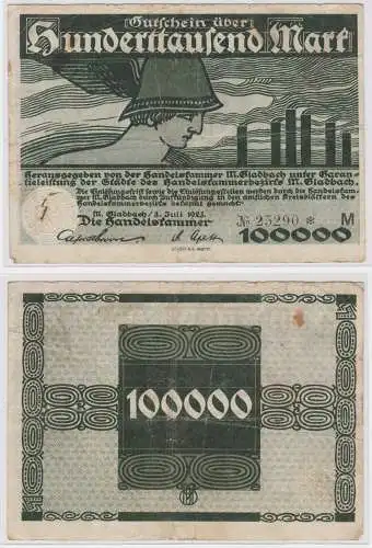 100000 Mark Banknote Handelskammern Mönchen Gladbach 3.7.1923 (122209)