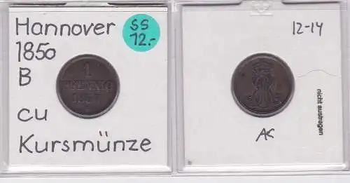 1 Pfennig Kupfer Münze Hannover 1850 B (121110)