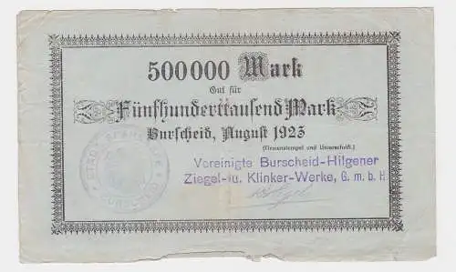 500000 Mark Banknote Burscheid Hilgener Ziegel & Klinkerwerke 1923 (122297)