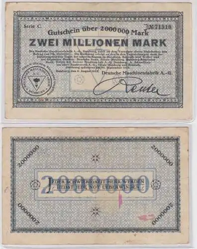 2 Mio Mark Banknote Inflation Deutsche Maschinenfabrik Duisburg 1923 (135694)