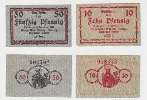 10 + 50 Pfennig Banknote Notgeld Mechanische Weberei Reinerz 1.11.1918 (137068)