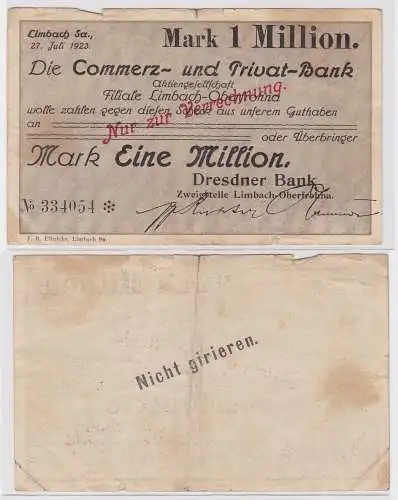 1 Million Mark Banknote Commerz & Privatbank Limbach 27.7.1923 (121673)