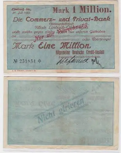 1 Million Mark Banknote Commerz & Privatbank Limbach 27.7.1923 (121540)