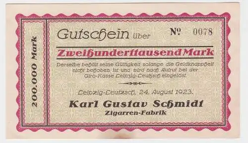 200000 Mark Banknote Leipzig Leutzsch Zigarrenfabrik Karl Gustav Schmidt(122055)