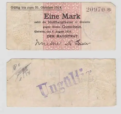 1 Mark Banknote Notgeld Stadt Gleiwitz Gliwice 6. August 1914 (136118)