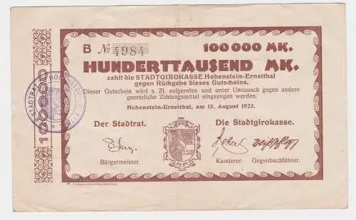 100000 Mark Banknote Stadtgirokasse Honenstein Ernstthal 13.08.1923 (122260)