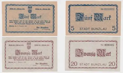 5 & 20 Mark Banknoten Notgeld Stadt Bunzlau 11.November 1918 (136640)