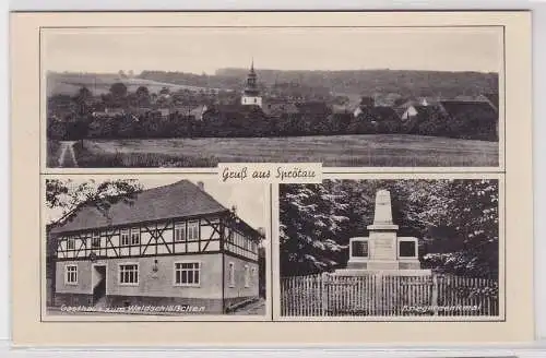 89381 AK Gruß aus Sprötau - Gasthaus zum Waldschlößchen, Kriegerdenkmal um 1930