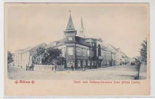 52734 Ak Mitau Jelgava Lettland Bach-u. Schloss-Straßen Ecke Hotel Linde um 1900