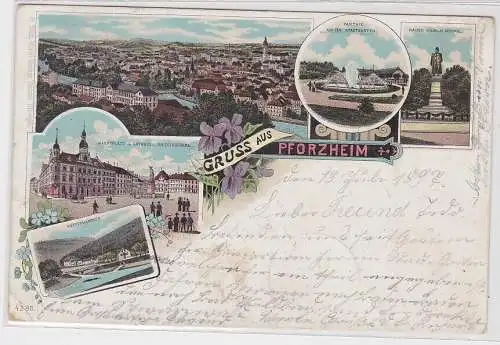 79440 Lithographie Ak Gruss aus Pforzheim - Markplatz, Rathaus, Kupferhammer usw